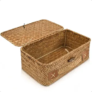HUALIANG Rattan Aufbewahrung Korb mit Deckel klein,Natürliches Seegras Geflochtener Regalkörbe,Multifunktionaler Aufbewahrungsbox zum von Spielzeug Kosmetika badezimmer toilettenpapier aufbewahrung