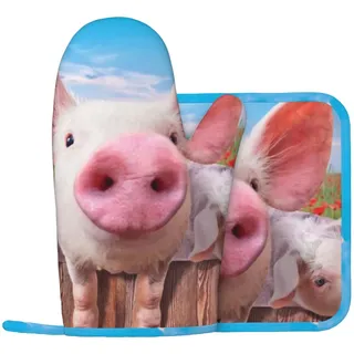Lustiges süßes Schwein Ofenhandschuhe und Topflappen Set für Küche Kochen und Backen und Mikrowelle, Silikon Anti-Heiß-Handschuhe + Anti-Heiß-Pad (Linke Handschuhe)