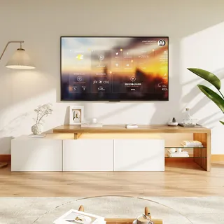 TV Schrank Modern mit LED, Fernsehtisch mit 3 Türen und Offenen Glas Ablage, 200 cm lang, Weiß + Holzfarbe TV Lowboard mit Stauraum, TV Sideboard Skandinavisch für Wohnzimmer Schlafzimmer (Weiß-A)