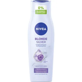 NIVEA Blonde Silver Farbglanz Shampoo, Silbershampoo frischt blondes, silbernes & graues Haar auf, pflegendes Haarshampoo mit violetten Farbpigmenten, Kornblume & Biotin (250ml)