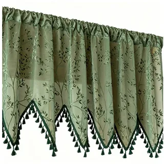 Diwzbyn Scheibengardine Grüne Blatt-Scheibengardine aus feinem Tüll, Quasten-kurze Vorhänge, halbtransparenter Vorhang, Türvorhang, für Küche, Bar und Café