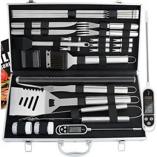 28-teiliges Grillzubehör Set für Männer – Premium Edelstahl Grillkoffer mit Grillmatte, Grillbesteck Papa, Männer und Frauen - Perfekt für Gasgrill, Holzkohlegrill und Camping