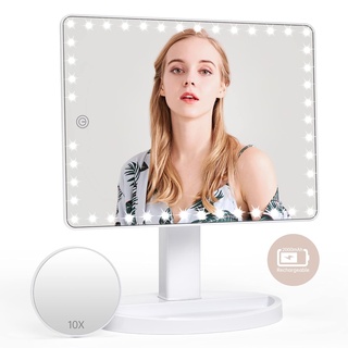 FASCINATE Groß Schminkspiegel mit 45 Dimmbar LED-Leuchten,USB Wiederaufladbar Kosmetikspiegel mit 10-Fache Vergrößerungsspiegel, 360° Drehbar LED Schminkspiegel mit Beleuchtung mit Touch-Screen(Weiß)
