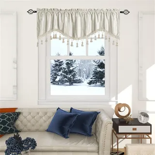 Dreamskull Scheibengardine Bistrogardine Kurzgardine Kurzstores Gardinen Volant Kurz Küche Modern Landhaus Kleinfenster Kurzvorhang mit Tunneldurchzug Quaste HxB 46x132cm (Beige, HxB 46x132cm)