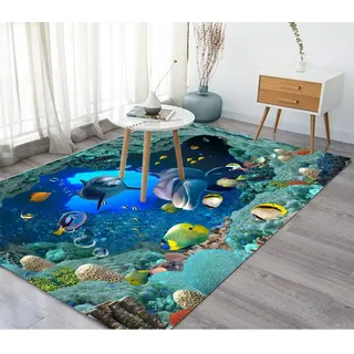 3d Meerestiere Druck Teppich Wohnzimmer Flanell Teppich Delphine Fische Wasser Pflanzen Bereich Teppich Teenager Jungen Mädchen Kinder Krabbeln Anti-Rutsch Bodenmatte Schwarz (140x180 cm, Muster 2)
