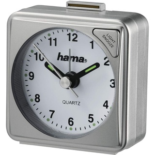 Hama analoger Wecker inkl. Batterie (batteriebetriebener Reisewecker mit schneller werdendem Alarm und Schlummerfunktion, Wecker mit Licht, fluoreszierender Stunden- und Minutenzeiger) silber