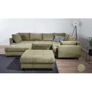 Collection AB Wohnlandschaft COLLECTION AB "Toni U-Form, B: 298 cm", olive, B:298cm H:44cm T:203cm, 100%Polyester, Sofas, Wohnlandschaft, Set: Sofa & Hocker, 2 Zierkissen, Federkern