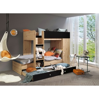QMM TraumMöbel Hochbett Etagenbett "SAM 2" für 2-3 Kinder mit Schrank eiche (2-3 Liegeflächen mit Leiter & Schrank) schwarz