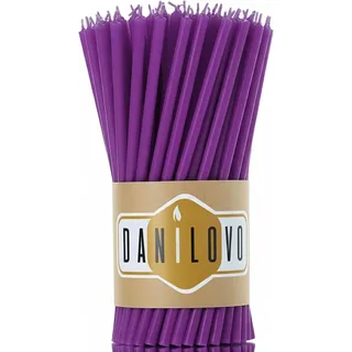 Danilovo Reine Bienenwachskerzen – tropffrei, rauchfrei, hohe, dünne Spitzkerzen – dekorative Kerzen für Kirchgebet, Deko oder Geburtstagskerzen – Honigduft Kerzen – 16,5 x 0,57 cm (Lila, 50 Stück)