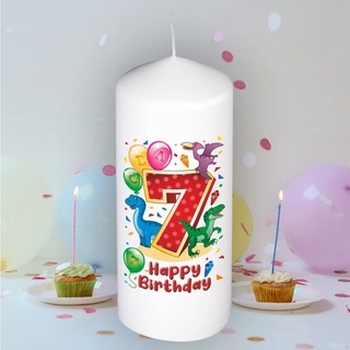 Stumpenkerze - Geburtstagskerze zum 7. Geburtstag, Happy Birthday - Motive auf Tattoofolie | Geschenkfolie und Schleife | Kerze mit Geburtstagszahl Zahl in Geschenkverpackung zum Kindergeburtstag