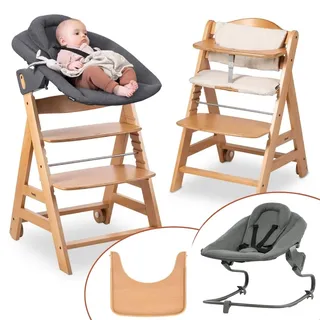 hauck Hochstuhl Beta+ Newborn Set Premium Dark Grey - Babyhochstuhl Set ab Geburt mit Neugeborenen Aufsatz Bouncer, Sitzpolster und Essbrett - Natural