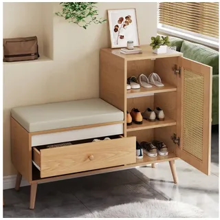 REDOM Schuhschrank Flurbank 95,5x80,5x35 cm mit Rattan-Design (Packung, 1-St., Inkl. Sitzkissen, Schubladen & Stauraumfach) Praktische offene Fächer für Schuhe & Accessoires beige