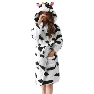 DELEY Unisex Ehepaar Damen Tier Karikatur Coral Fleece Warm Kapuze Bademäntel Morgenmäntel Nachtwäsche Cosplay Kostüm Pyjama Kuh Größe M - M