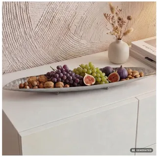 FINEBUY Obstschale FB85114 Früchtekorb Metall Silber 65,5cm Dekoschale Obstkorb Oval, Metall, (Schöne Früchteschale in schicker Bootform), Längliche Dekoschale aus lackiertem Metall silberfarben