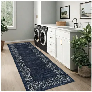 GarveeMore Veloursteppich Waschbarer Vintage Teppich Designteppich Läufer mit floraler Bordüre, Moderner Kurzflor, rutschfest, pflegeleicht & schmutzabweisend blau 200 cm x 290 cm