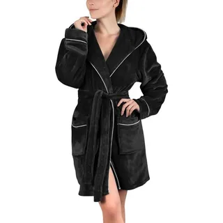 Gräfenstayn Damenbademantel Bademantel Damen flauschig Kapuze Kuschelfleece leicht kurz, warm & kuschelig, Knielang, Fronttaschen, Gürtel, S-XXL schwarz S | 90 cm