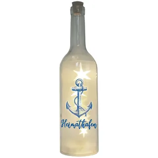 WB wohn trends LED-Flasche Folien-Motiv, Heimathafen mit Anker maritim blau, 29cm, Flaschen-Licht Lampe mit Text Spruch