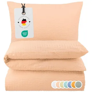 Carpe Sonno Bettwäsche Seersucker 135x200 155x220 Bügelfrei Sommer Bettbezug 100% Baumwolle, Seersucker, 2 teilig, Kühlende Bettwaren Bügelfrei Pflegeleicht Einfarbig Apricot 135 x 200 rosa