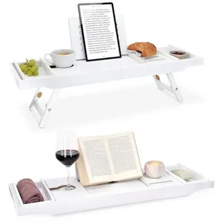 Navaris Bambus Badewannenablage Frühstückstablett ausziehbar - Buch Ablage Weinglas Halterung - Tablett für Badewanne und Bett - aus Holz in Weiß