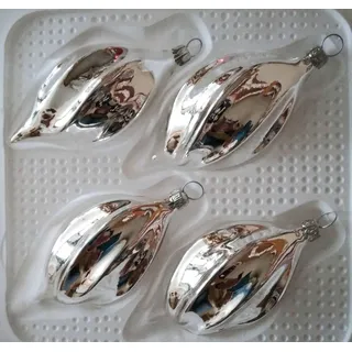 Jingle Bells Lauscha Silber gedrehte Form 4Stück per Box mundgeblasene Weihnachtskugel Silber uni