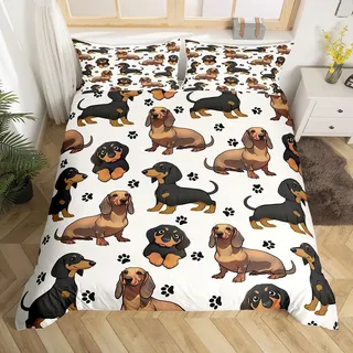 Loussiesd Süß Bettwäsche Set 135x200cm Wurst Hund Nettes Bettbezug Set Welpe Hund Dackel Betten Cartoon Tier Betten Set Haustier Kawaii Tier Atmungsaktiv Bettwäsche-Set für Mädchen Kinder Jungs