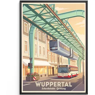 MJ-GRAPHICS® Schwebebahn Wandbild Wuppertal Kunstdruck Architektur Poster Vintage Farben Wohnzimmer Deko Illustrationsstil Retro Stadtansicht Flur Bilder A4 mit beigem Rahmen