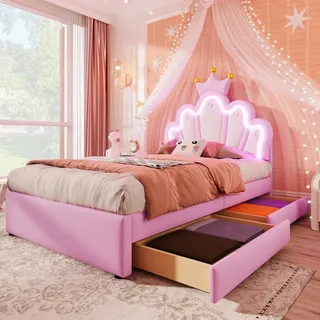 Merax Kinderbett 90x200, Polsterbett für Mädchen Kronen-Einzelbett mit verstellbarem Kopfteil, LED-Streifen, aus PU-Leder Bettrahmen mit Lattenrost und 2 Schubladen (ohne Matratze), Rosa