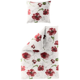 Bettwäsche Baumwolle, Traumschloss, Seersucker, 2 teilig, rote Blumen auf weißem Hintergrund rot 1 St. x 155 cm x 220 cm