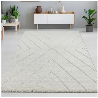 Carpetia Teppich Skandinavisch Wohnzimmerteppich Hochflor Rautenmuster weiß creme-beige, rechteckig, Höhe: 30 mm beige|schwarz rechteckig | 140 cm x 200 cm x 30 mm