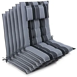 Beautissu Hochlehnerauflage 6er Set Sun-HL Hochlehner Auflage 120x50x8cm Anthrazit-Gestreift, Mit Kopfpolster, rutschfest & robust – Befestigungsbänder, UV 5 grau