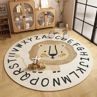 champracer Kinderteppich Rund Deko, Teppich Kurzflor Rund Löwe Kopf, Teppich Groß fürs Babyzimmer Kleinkinderzimmer Wohnzimmer Schlafzimmer,Muster Modern Teppich (Löwe,160cm)