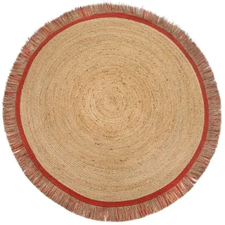 KADIMA DESIGN Teppich Naturteppich TAY mit Fransen - Robust und Handgewebt, Rund, Poldichte: 2400 g/qm,Pflegeleicht,Küchenteppich,Kurzflor,Rund braun|rot