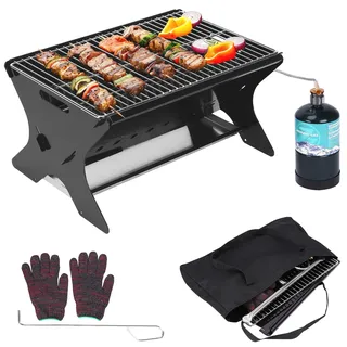 GFTIME Tragbarer gasgrill mit Stecksystem, gasgrill klein Gas & Holzkohlebetrieb – Inkl. Tragetasche, camping gasgrill Perfekt für Camping, Garten, Balkon