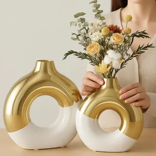 Weiße und goldene Kreisvase mit Loch, Keramik-Goldvasen, Heimdekoration, moderner, minimalistischer Esstisch, Tafelaufsatz, Donut-Weißgoldvase für Regal, für Pampasgras, Kaminsims, Couchtisch,