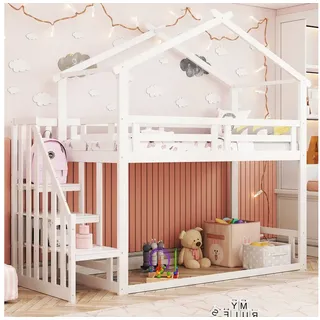 Flieks Etagenbett, Kinderbett Hochbett mit oberem Lattenrost und Treppe 90x200cm weiß 95 cm x 253.4 cm x 221 cm