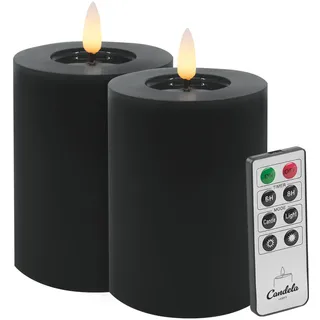 Candela LED Kerzen 2er Set H:10xØ7,5cm Winter schwarz glatt Echtwachs mit Fernbedienung Timer Funktion & mehrstufig dimmbar flammenlos Echtwachskerzen Stumpenkerze