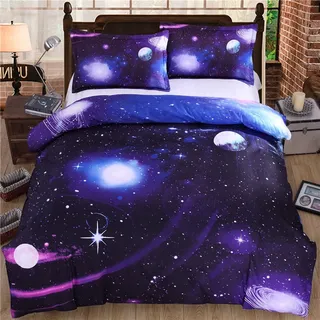 Bettbezug Set 3D Galaxy Sternenhimmel Universum Mond Einhorn Duvet Quilt Und Kissenbezug Einzelbett 135x200cm für Kinder, Jungen, Mädchen Bettwäsche-Set (Lila Stern, 135 x 200 cm)