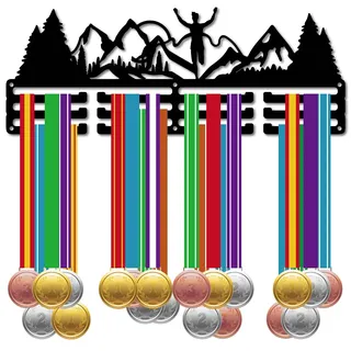 CREATCABIN Lauf-Medaillenhalter Aufhänger Medaillenständer Bergbäume Metall Regal Sport-Medaillenständer Rahmen Wandmontage Aufhängen Über 60 Medaillenaufhänger Für Marathonläufer 40x15cm Schwarz