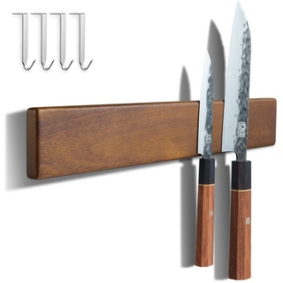 ENOKING Magnetleiste Messer 40 cm, Messerblock Magnetisch ohne Messer, Magnet Messerhalter aus Akazienholz mit 4 Haken