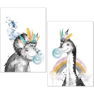 POSTER Set Mit 2 Dinosaurier Nordic A4 A4 Schwarzer Rahmen