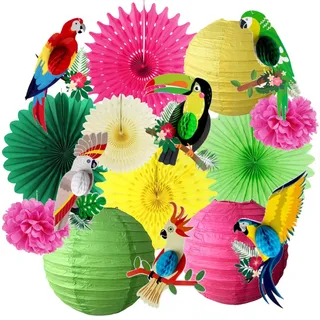 Party Deko Tropical Tukan Papagei Deko Geburtstag Hängende Vögel Deko Sommerparty Garten Papierlaternen Grün Rosa Papierfächer Gelb für Tiki Hawaii Luau Tropische Party Gartenparty