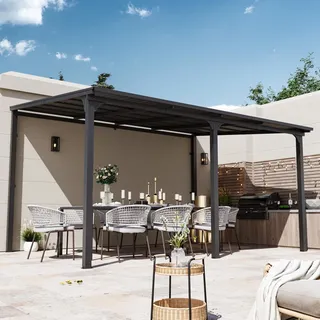 Modern Shade Terrassenüberdachung 3x4.3 m, Hardtop Wandmontierter Pavillon mit eingebautem Entwässerungssystem, Verzinktem Stahldach Anstellpavillon, Gartenpavillon für Hinterhöfe, Gärten Deck Veranda
