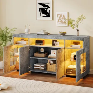 Sideboard Betonoptik 140cm Mit Led App-steuerung, Zementgrau Kommode Industriestil, Wohnzimmerschrank Hochglanz Glastüren, 140x40x70cm