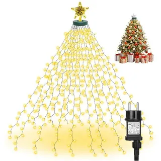 Merry 2024 LED-Lichterkette LED Weihnachtsbaum Lichterkette Außen mit Topper Moon Star, 490-flammig, Christbaumbeleuchtung mit Ring und Sterne,8-Modi,Timer 3 m