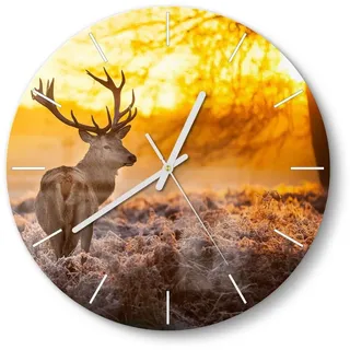 DEQORI Wanduhr 'Hirsch am Wintermorgen' (Glas Glasuhr modern Wand Uhr Design Küchenuhr) braun|orange 30 cm x 30 cm