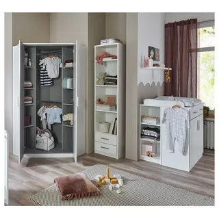 Lomadox Babyzimmer-Komplettset BEELEN-43, (5-tlg., Eckkleiderschrank Wickelkommode Unterbauregal Regal Wandboard), weiß, Babyzimmer Schrank, Dekoregal, Wickeltisch mit Regal, Wandboard weiß