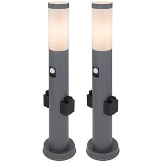 Wegleuchte Außen mit Bewegungsmelder 2x Steckdose Sockelleuchte Gartenleuchte, 1x E27, Edelstahl Anthrazit, IP44, H 60cm, 2er Set