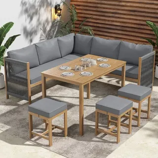 Merax Gartenlounge Set für 7-8 Personen, 7-tlg.Gartenmöbel Set mit Gartentisch, Bänke, Eckbank und Hocker, Terassenmöbel mit Kissen und Akazier... - Grau