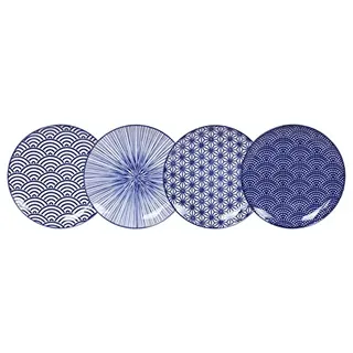 TOKYO Design 4er Set Speiseteller Porzellan mit verschiedene Designs in blau 25.7 cm, Japanisches Porzellan Servierplatten / Pastateller / Frühstücksteller / Salatteller