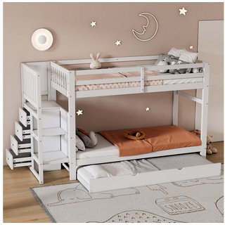 Flieks Etagenbett, 3er Kinderbett 90x200cm mit 4 Schubladen und Ausziehbett 90x190cm weiß
